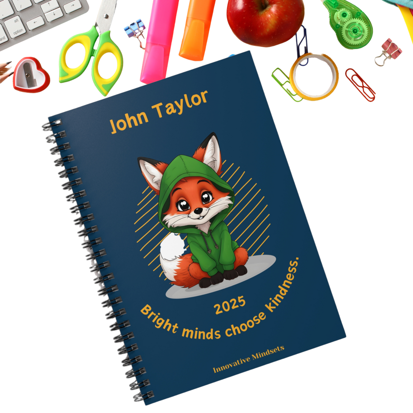 "Bright minds choose kindness." 2025 Personalized Fox Spiral Notebook for Kids II