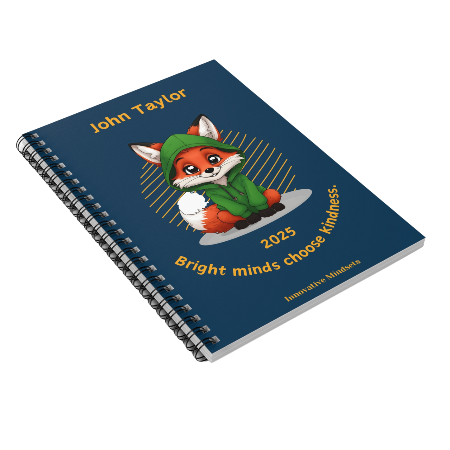 "Bright minds choose kindness." 2025 Personalized Fox Spiral Notebook for Kids II