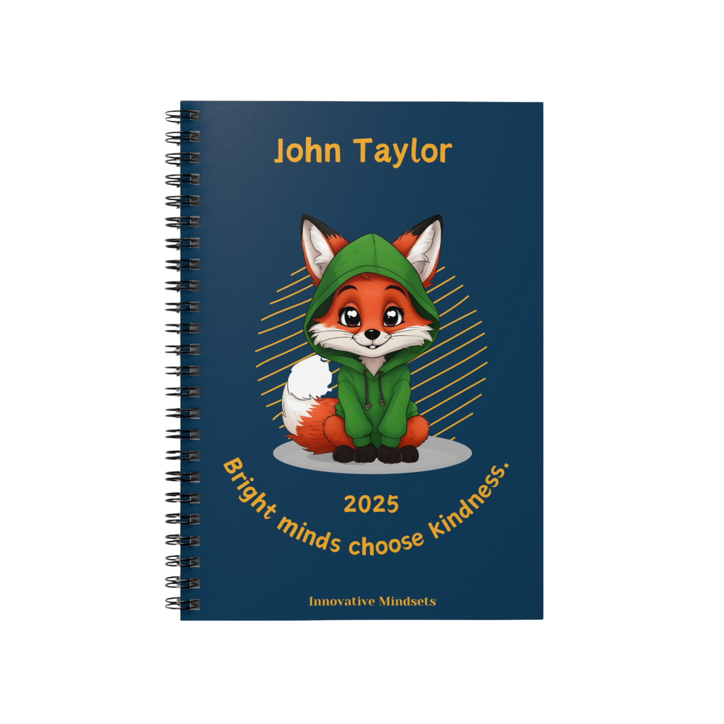 "Bright minds choose kindness." 2025 Personalized Fox Spiral Notebook for Kids II