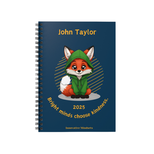 "Bright minds choose kindness." 2025 Personalized Fox Spiral Notebook for Kids II