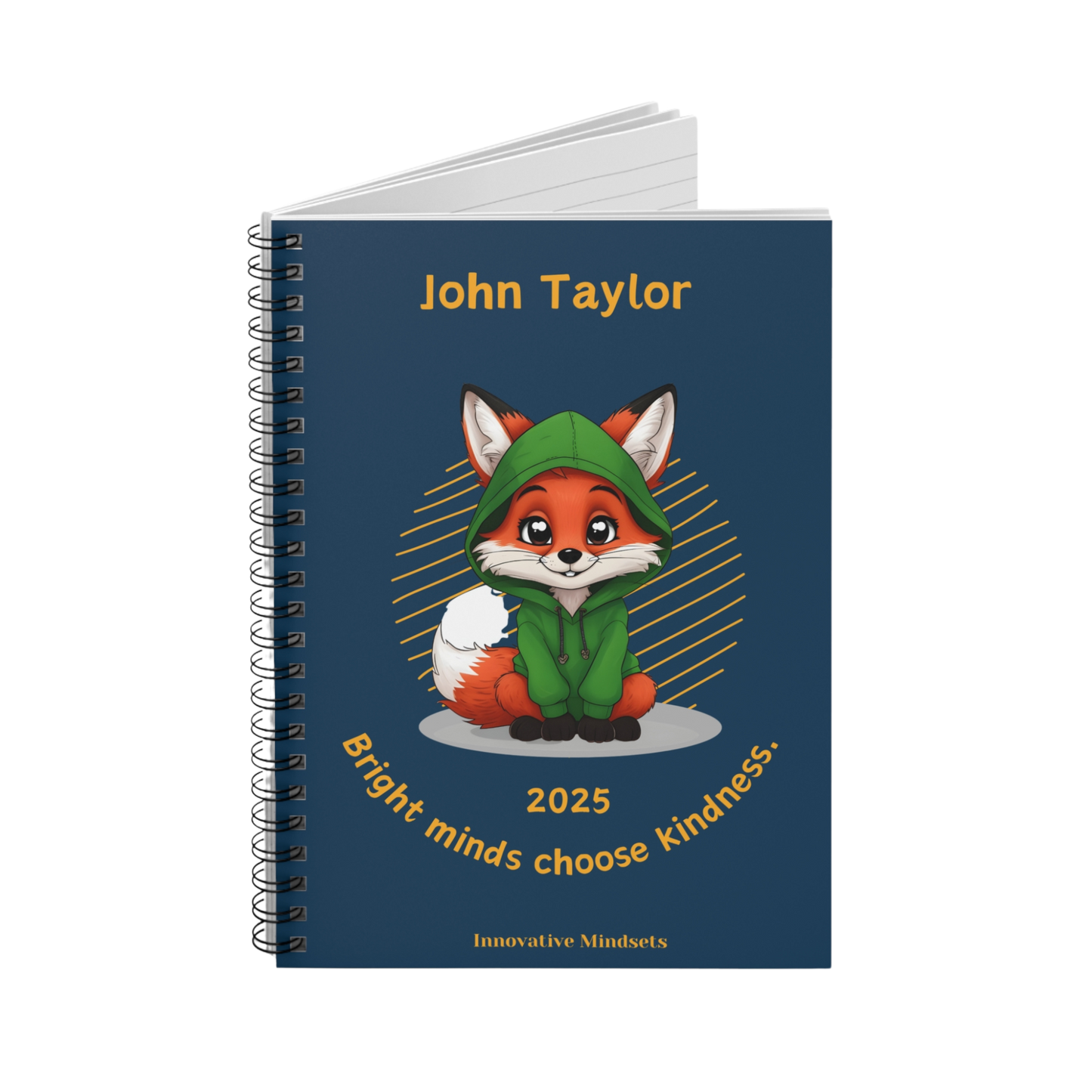 "Bright minds choose kindness." 2025 Personalized Fox Spiral Notebook for Kids II