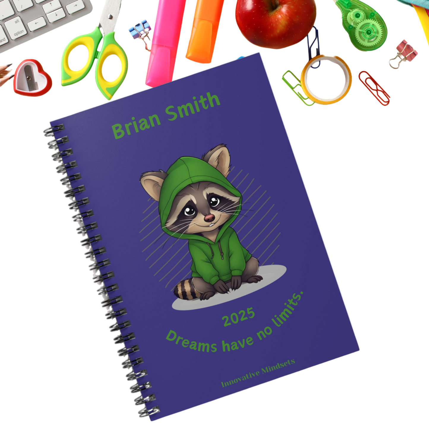 "Dreams have no limits." 2025 Personalized Racoon Spiral Notebook for Kids I