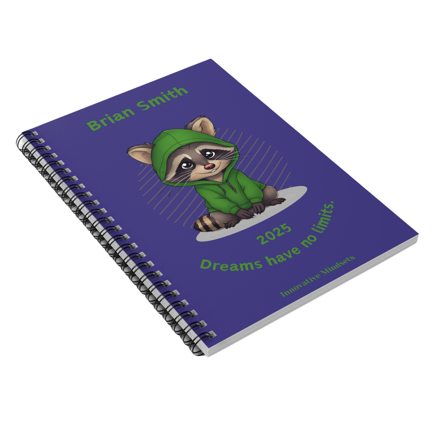 "Dreams have no limits." 2025 Personalized Racoon Spiral Notebook for Kids I