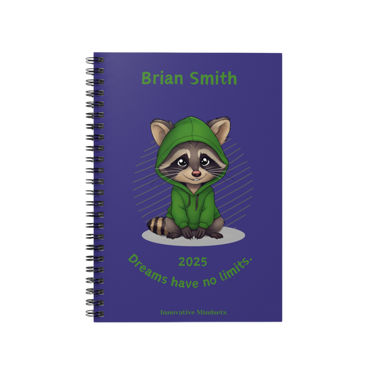 "Dreams have no limits." 2025 Personalized Racoon Spiral Notebook for Kids I