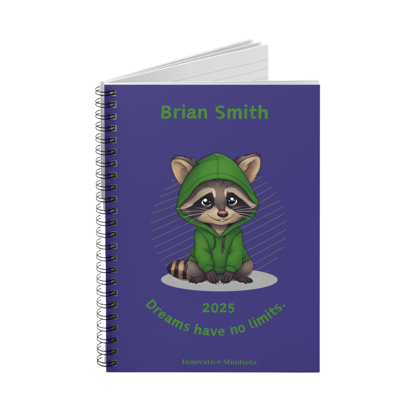 "Dreams have no limits." 2025 Personalized Racoon Spiral Notebook for Kids I