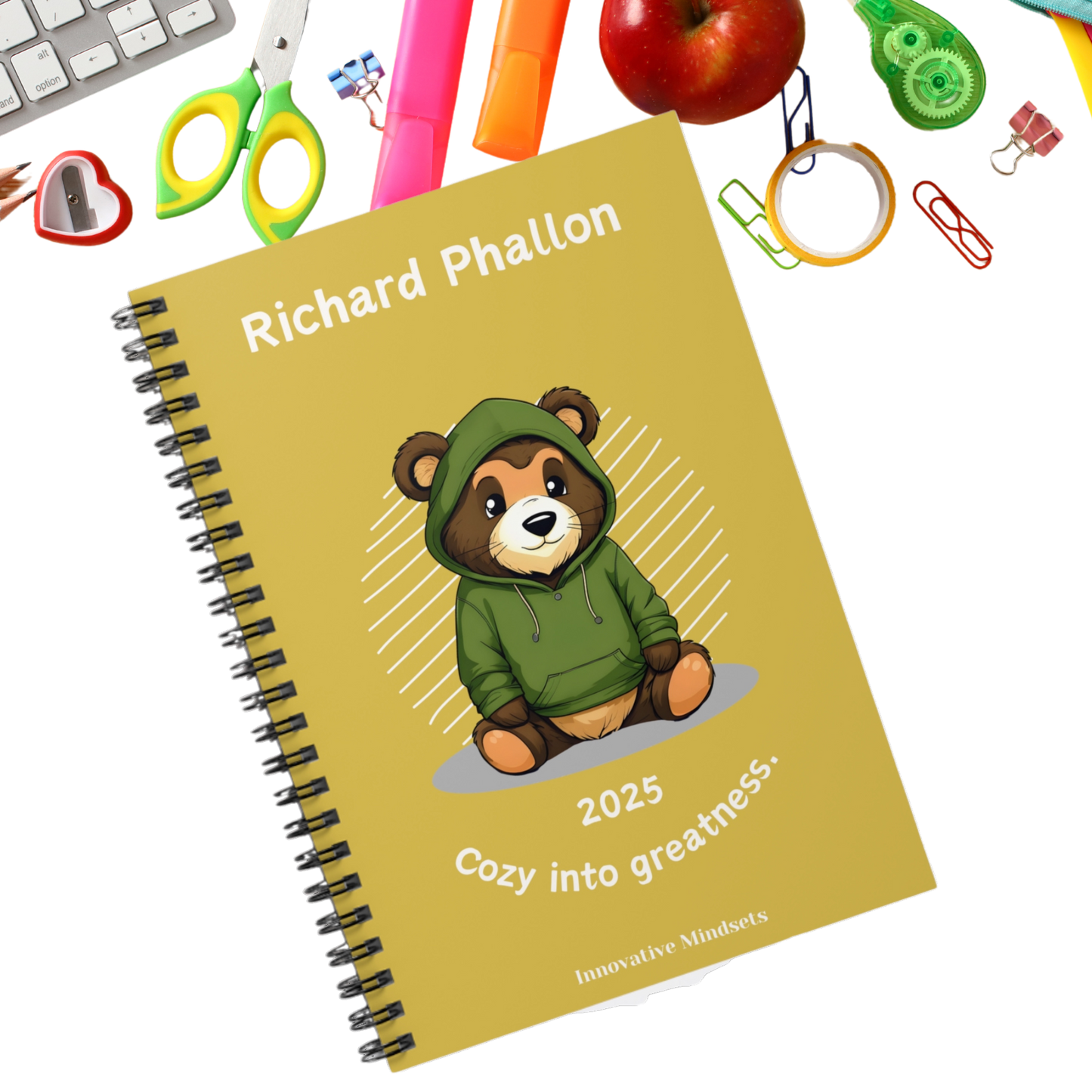 "Cozy into Greatness." 2025 Personalized Bear Spiral Notebook for Kids II