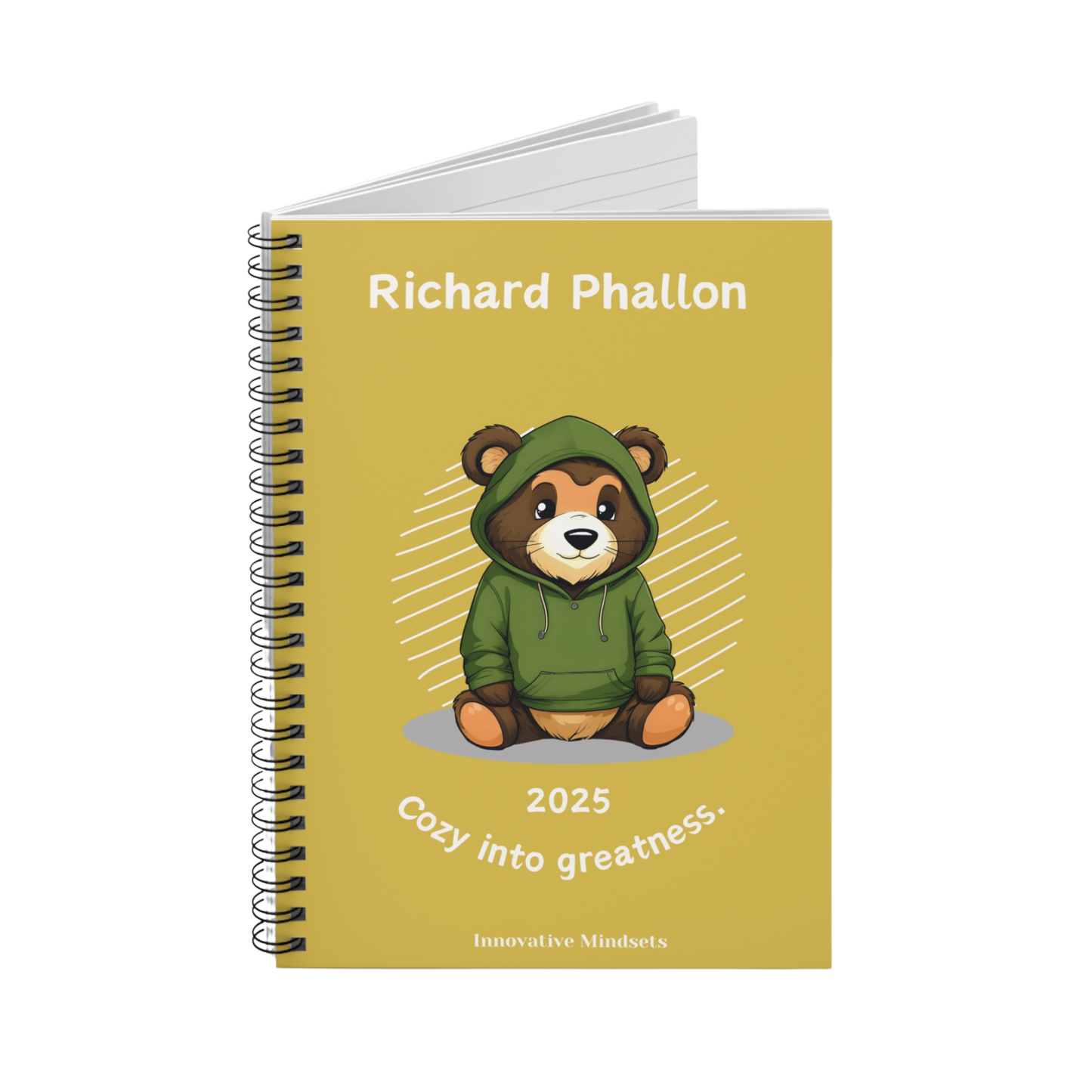 "Cozy into Greatness." 2025 Personalized Bear Spiral Notebook for Kids II