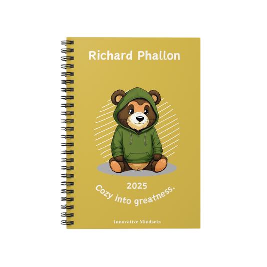 "Cozy into Greatness." 2025 Personalized Bear Spiral Notebook for Kids II