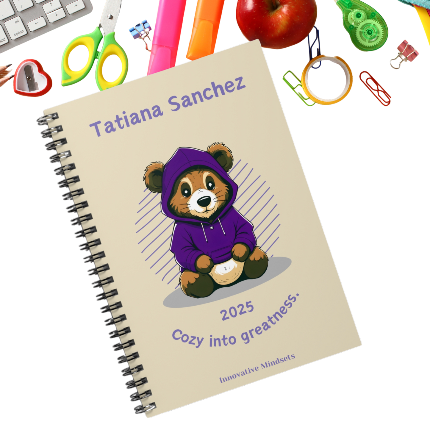 "Cozy into Greatness." 2025 Personalized Bear Spiral Notebook for Kids I