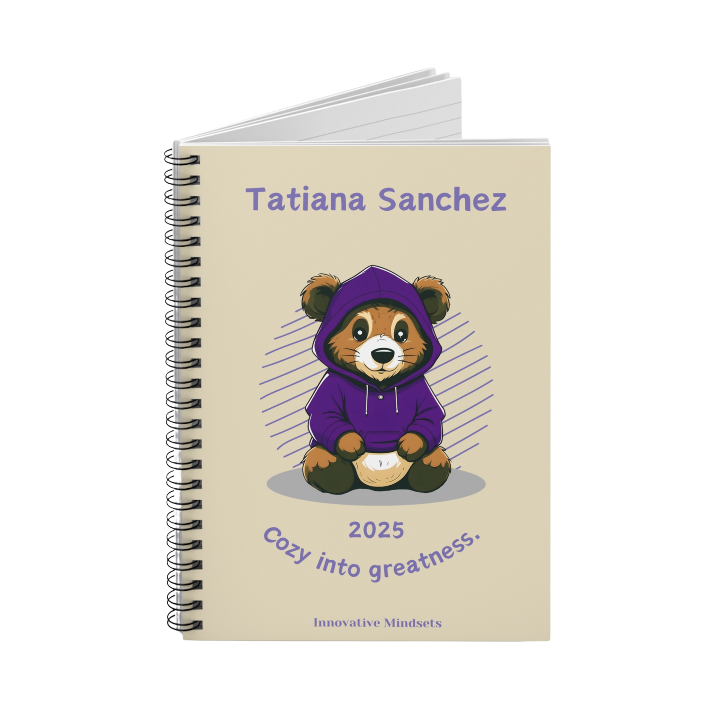 "Cozy into Greatness." 2025 Personalized Bear Spiral Notebook for Kids I