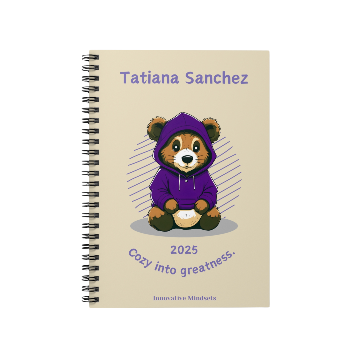 "Cozy into Greatness." 2025 Personalized Bear Spiral Notebook for Kids I