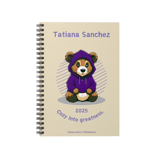 "Cozy into Greatness." 2025 Personalized Bear Spiral Notebook for Kids I