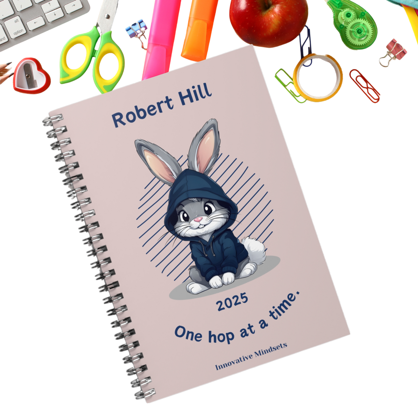 "One hop at a time." 2025 Personalized Bunny Rabbit Spiral Notebook for Kids I