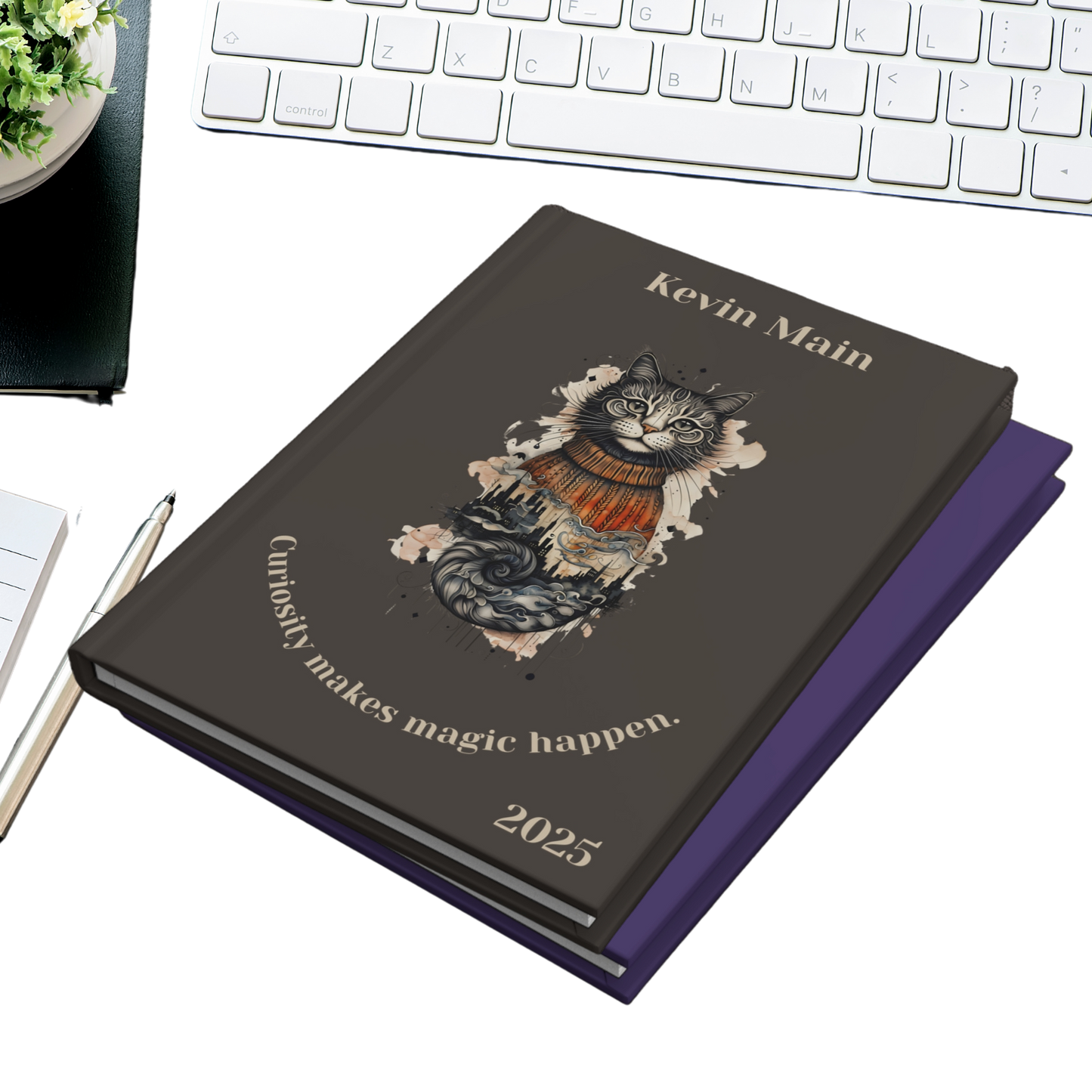 "Curiosity makes magic happen." 2025 Personalized Name & Message Hardcover Cat Journal