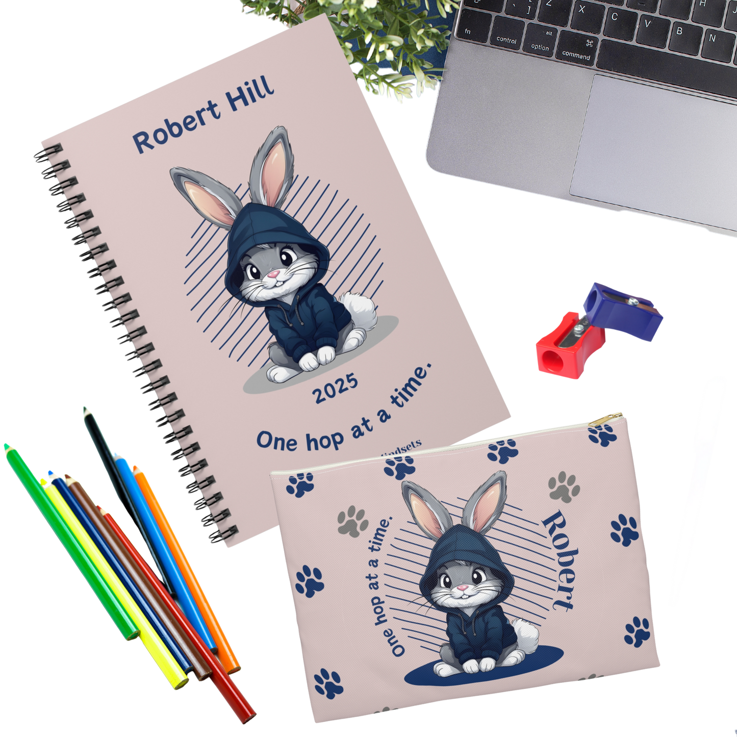 "One hop at a time." 2025 Personalized Bunny Rabbit Spiral Notebook for Kids I