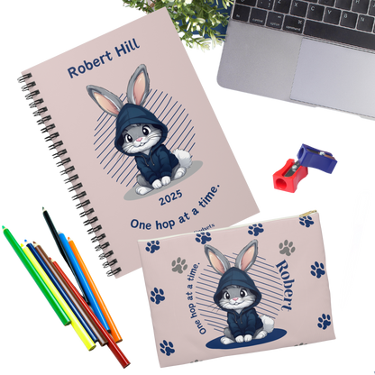 "One hop at a time." 2025 Personalized Bunny Rabbit Spiral Notebook for Kids I