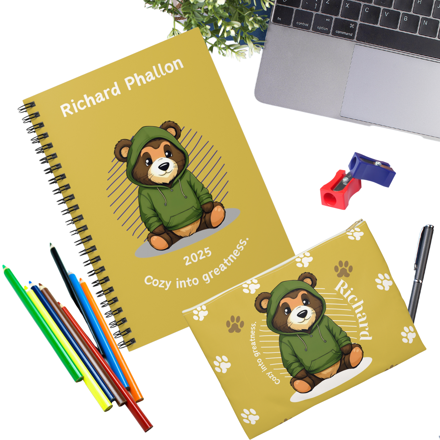 "Cozy into Greatness." 2025 Personalized Bear Spiral Notebook for Kids II