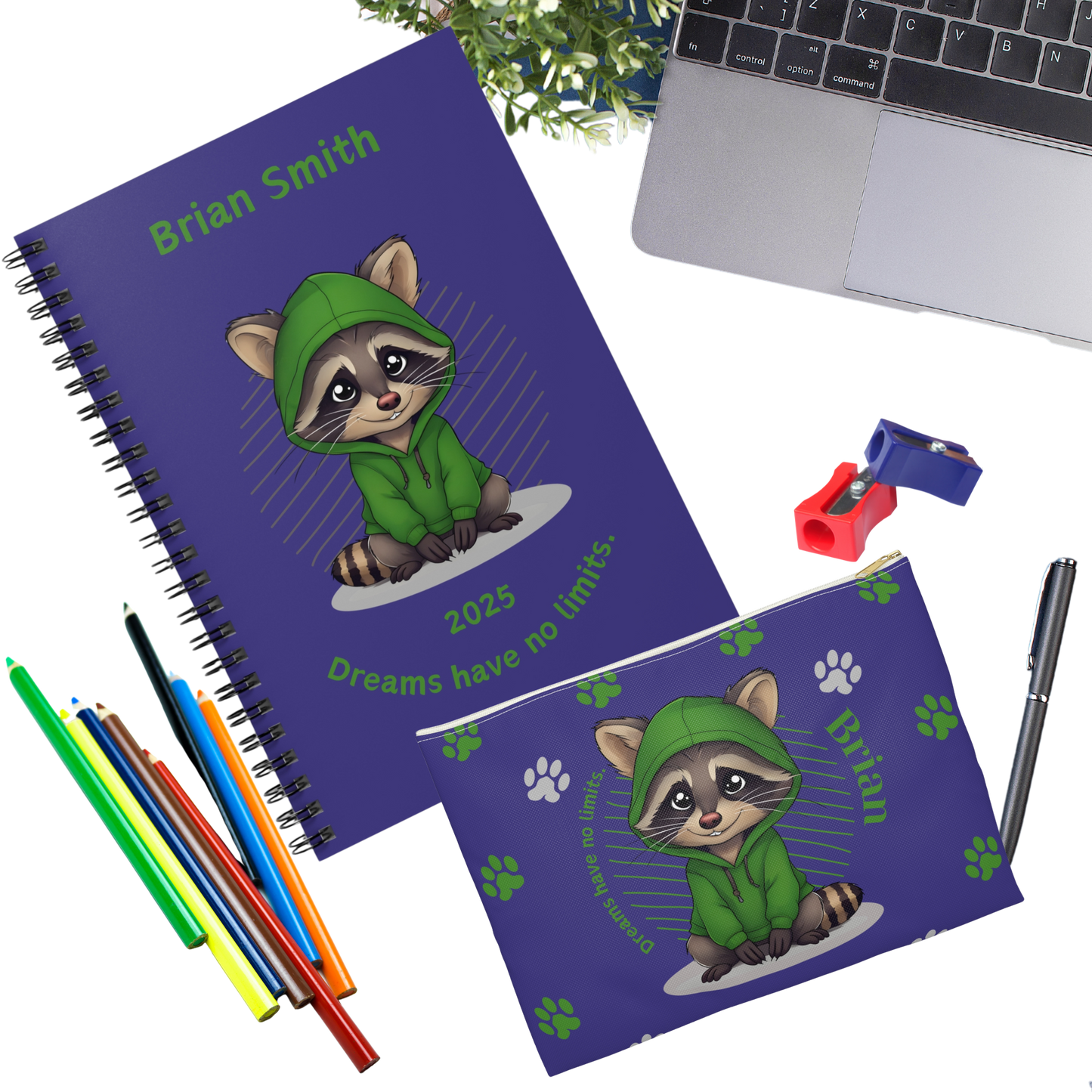 "Dreams have no limits." 2025 Personalized Racoon Spiral Notebook for Kids I