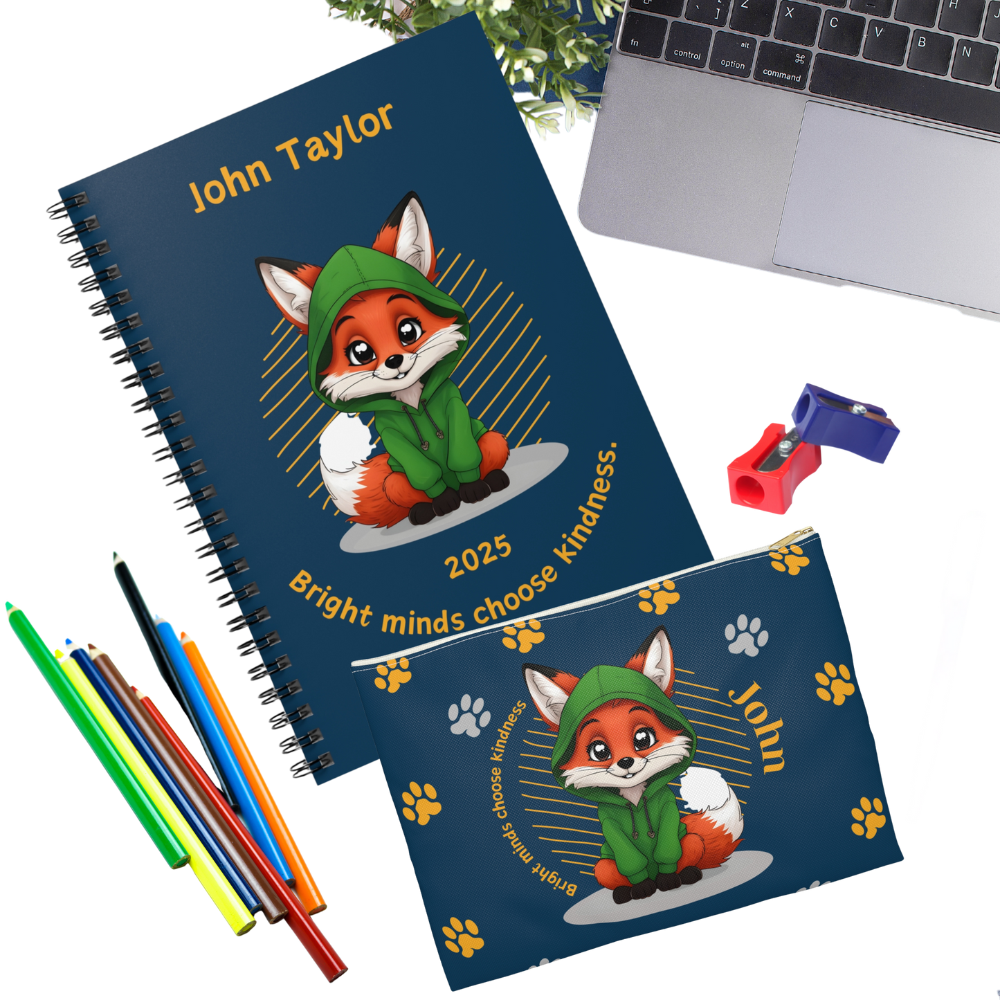 "Bright minds choose kindness." 2025 Personalized Fox Spiral Notebook for Kids II