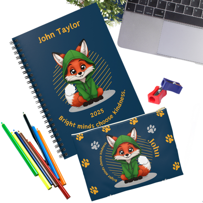 "Bright minds choose kindness." 2025 Personalized Fox Spiral Notebook for Kids II