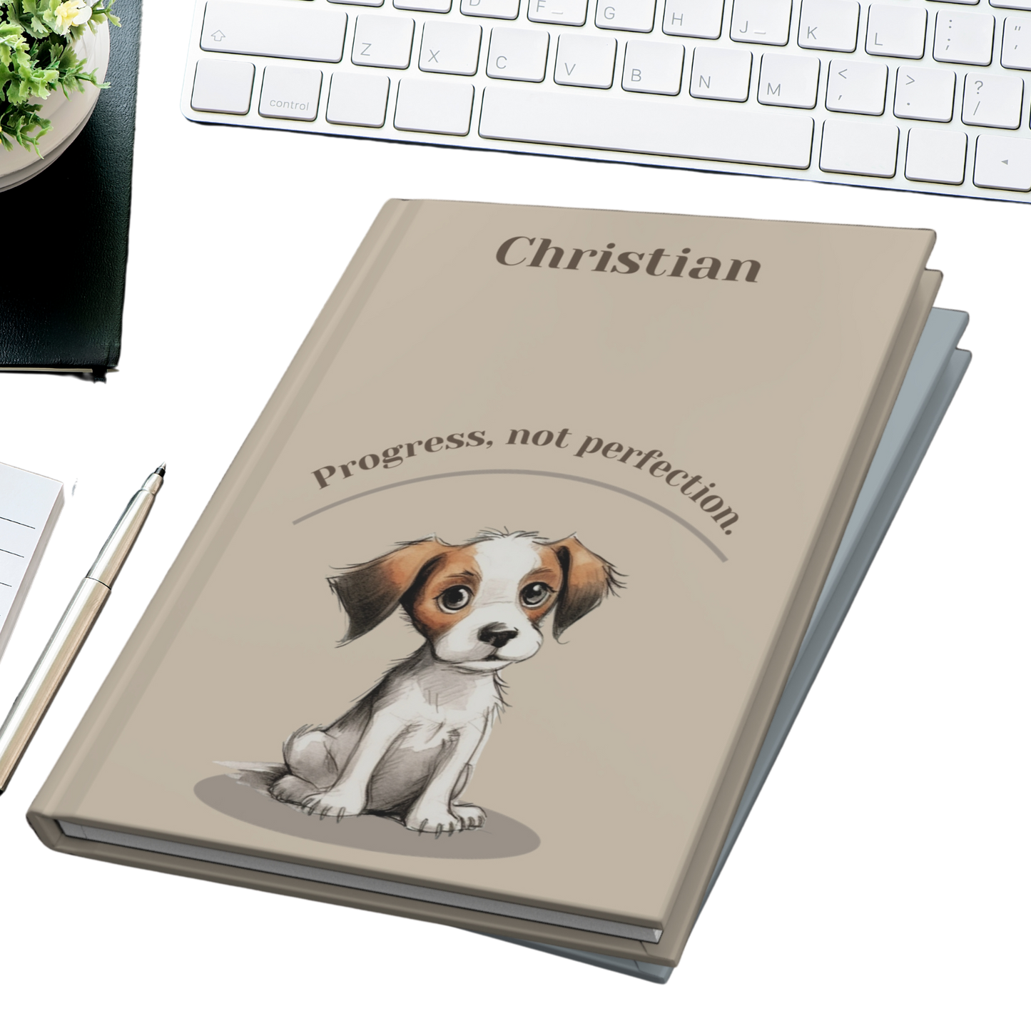 "Progress, not perfection." 2025 Personalized Name & Message Hardcover Dog Journal