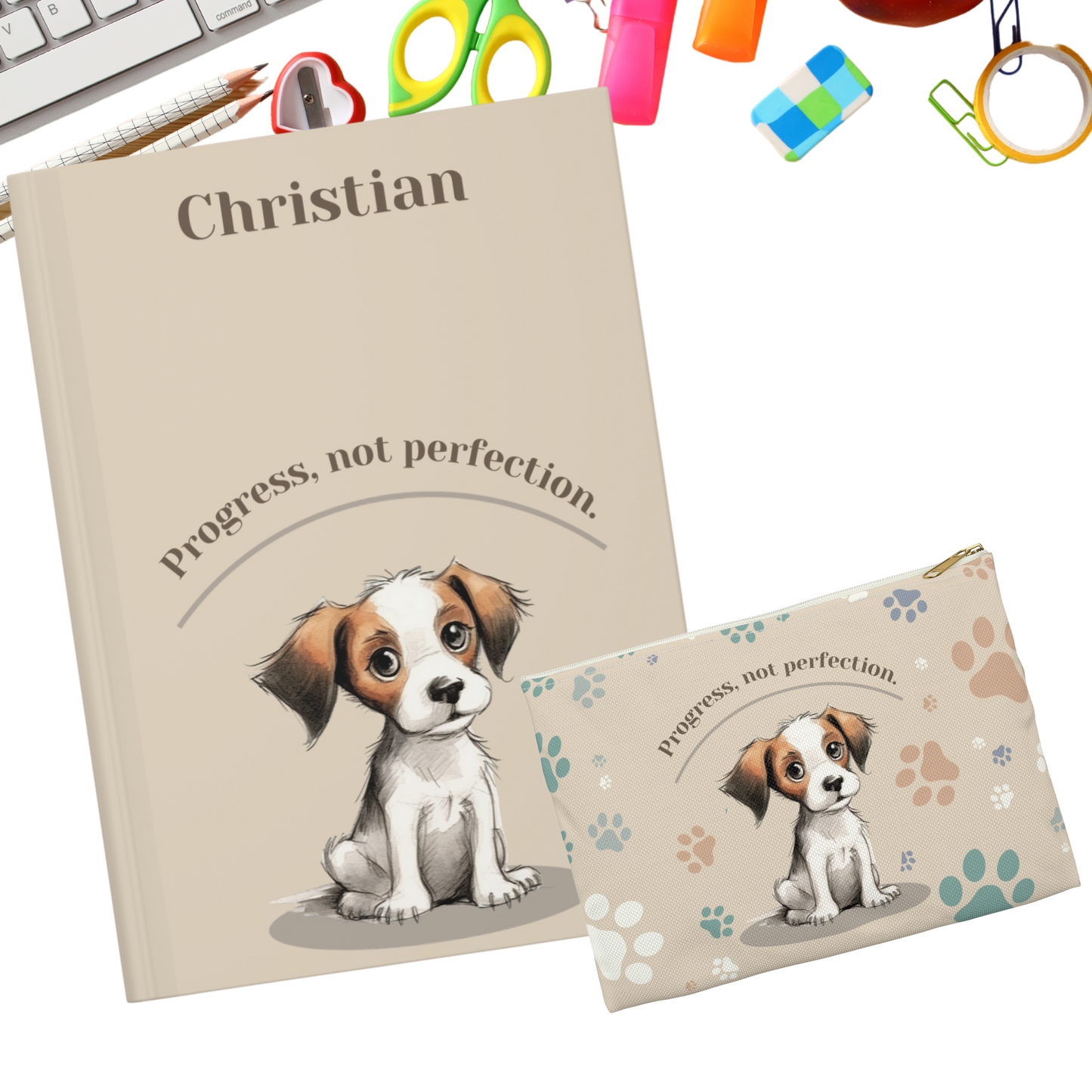 "Progress, not perfection." 2025 Personalized Name & Message Hardcover Dog Journal