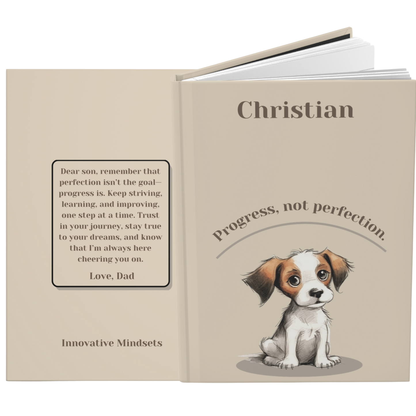 "Progress, not perfection." 2025 Personalized Name & Message Hardcover Dog Journal