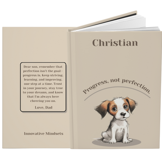 "Progress, not perfection." 2025 Personalized Name & Message Hardcover Dog Journal